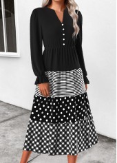 Black Patchwork Geometric Print Long Sleeve Split Neck Dress | thumb picture 