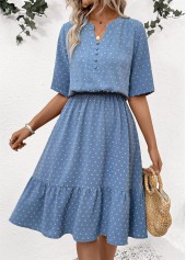 Dusty Blue Polka Dot Short Sleeve Split Neck Dress