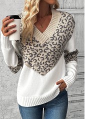 Light Camel Patchwork Leopard Long Sleeve V Neck Sweater
