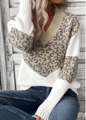 Light Camel Patchwork Leopard Long Sleeve V Neck Sweater | thumb picture 