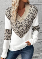 Light Camel Patchwork Leopard Long Sleeve V Neck Sweater | thumb picture 