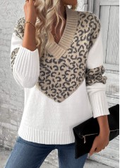 Light Camel Patchwork Leopard Long Sleeve V Neck Sweater | thumb picture 