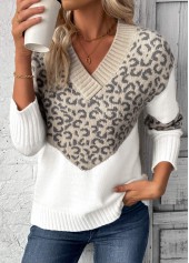 Light Camel Patchwork Leopard Long Sleeve V Neck Sweater | thumb picture 