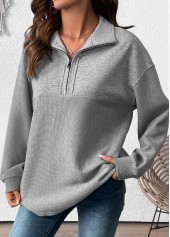 Grey Tummy Coverage Long Sleeve Turn Down Collar Sweatshirt | thumb picture 