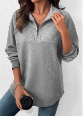 Grey Tummy Coverage Long Sleeve Turn Down Collar Sweatshirt