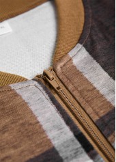 Dark Coffee Zipper Plaid Long Sleeve Stand Collar Jacket | thumb picture 