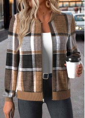 Dark Coffee Zipper Plaid Long Sleeve Stand Collar Jacket | thumb picture 