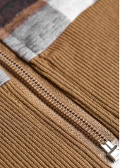 Dark Coffee Zipper Plaid Long Sleeve Stand Collar Jacket | thumb picture 