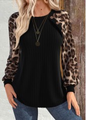 Black Patchwork Leopard Long Sleeve Round Neck Sweatshirt