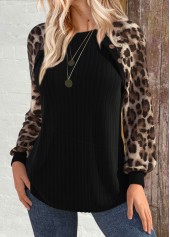 Black Patchwork Leopard Long Sleeve Round Neck Sweatshirt | thumb picture 