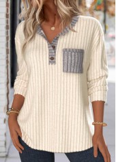 Beige Button Long Sleeve Split Neck Sweatshirt | thumb picture 