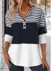 Navy Button Striped Long Sleeve Split Neck Sweatshirt