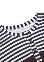 Navy Button Striped Long Sleeve Split Neck Sweatshirt | thumb picture 