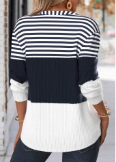 Navy Button Striped Long Sleeve Split Neck Sweatshirt | thumb picture 