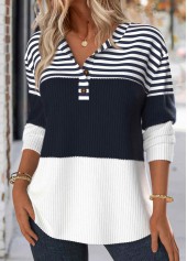 Navy Button Striped Long Sleeve Split Neck Sweatshirt | thumb picture 