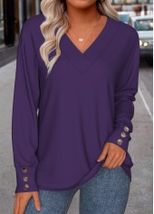 Purple Button Long Sleeve V Neck Sweatshirt