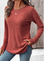 Brick Red Curved Hem Long Sleeve T Shirt | thumb picture 