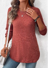 Brick Red Curved Hem Long Sleeve T Shirt | thumb picture 