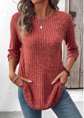 Brick Red Curved Hem Long Sleeve T Shirt | thumb picture 