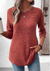 Brick Red Curved Hem Long Sleeve T Shirt