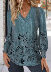 Peacock Blue Button Floral Print Long Sleeve T Shirt