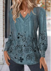 Peacock Blue Button Floral Print Long Sleeve T Shirt | thumb picture 