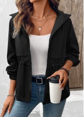 Black Drawstring Long Sleeve Hooded Coat | thumb picture 