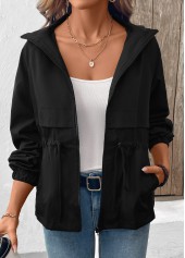 Black Drawstring Long Sleeve Hooded Coat