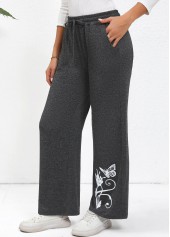 Dark Grey Drawstring Butterfly Print Wide Leg Pants