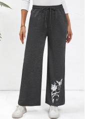 Dark Grey Drawstring Butterfly Print Wide Leg Pants