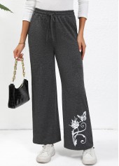 Dark Grey Drawstring Butterfly Print Wide Leg Pants