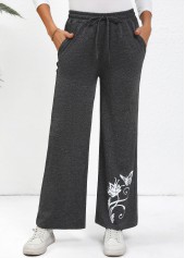 Dark Grey Drawstring Butterfly Print Wide Leg Pants