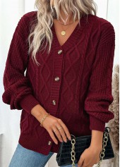 Wine Red Button Long Sleeve Cardigan | thumb picture 