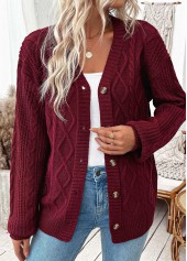 Wine Red Button Long Sleeve Cardigan