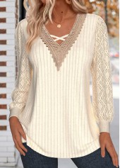 Beige Criss Cross Long Sleeve V Neck T Shirt