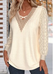 Beige Criss Cross Long Sleeve V Neck T Shirt | thumb picture 
