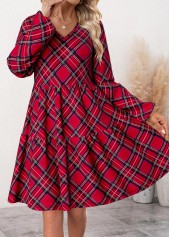Wine Red Patchwork Plaid Long Sleeve V Neck Dress