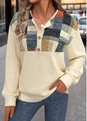 Light Yellow Button Geometric Print Long Sleeve Sweatshirt