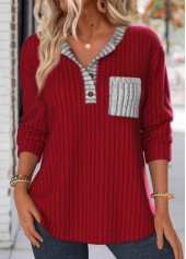 Wine Red Button Long Sleeve Split Neck Sweatshirt