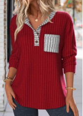 Wine Red Button Long Sleeve Split Neck Sweatshirt | thumb picture 