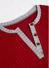 Wine Red Button Long Sleeve Split Neck Sweatshirt | thumb picture 