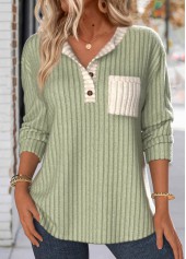 Sage Green Patchwork Long Sleeve Split Neck Sweatshirt