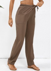 Dark Coffee Drawstring Straight Leg Elastic Waist Pants | thumb picture 
