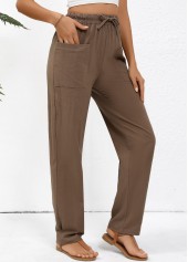 Dark Coffee Drawstring Straight Leg Elastic Waist Pants | thumb picture 