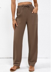 Dark Coffee Drawstring Straight Leg Elastic Waist Pants | thumb picture 