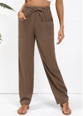 Dark Coffee Drawstring Straight Leg Elastic Waist Pants
