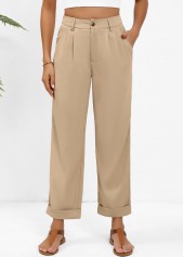 Light Camel Button Straight Leg High Waisted Pants