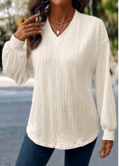 Beige Jacquard Long Sleeve V Neck T Shirt