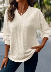 Beige Jacquard Long Sleeve V Neck T Shirt | thumb picture 