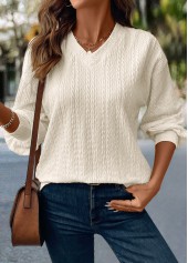 Beige Jacquard Long Sleeve V Neck T Shirt | thumb picture 